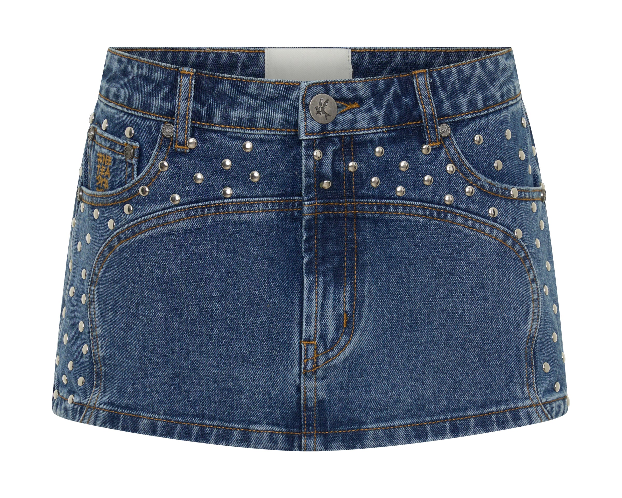 Chrome Edge Low Waist Studded Mini Denim Skirt - Eclipse Blue
