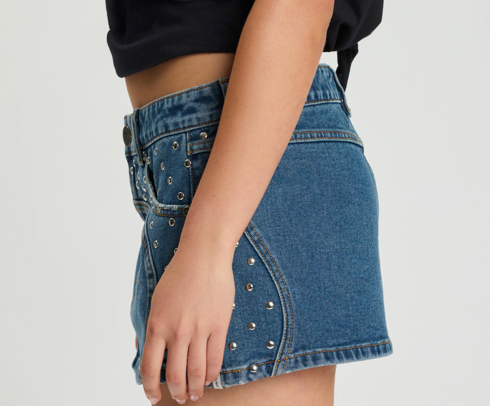 Chrome Edge Low Waist Studded Mini Denim Skirt - Eclipse Blue