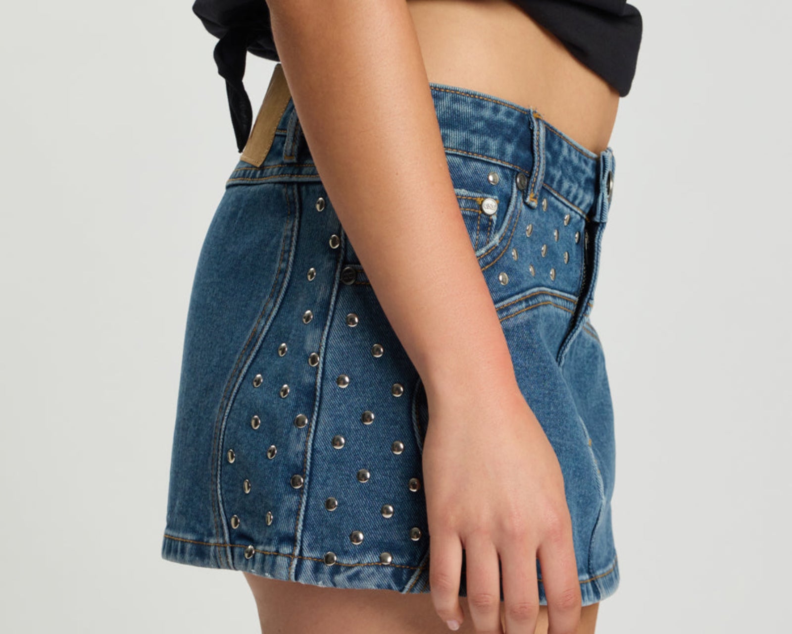 Chrome Edge Low Waist Studded Mini Denim Skirt - Eclipse Blue