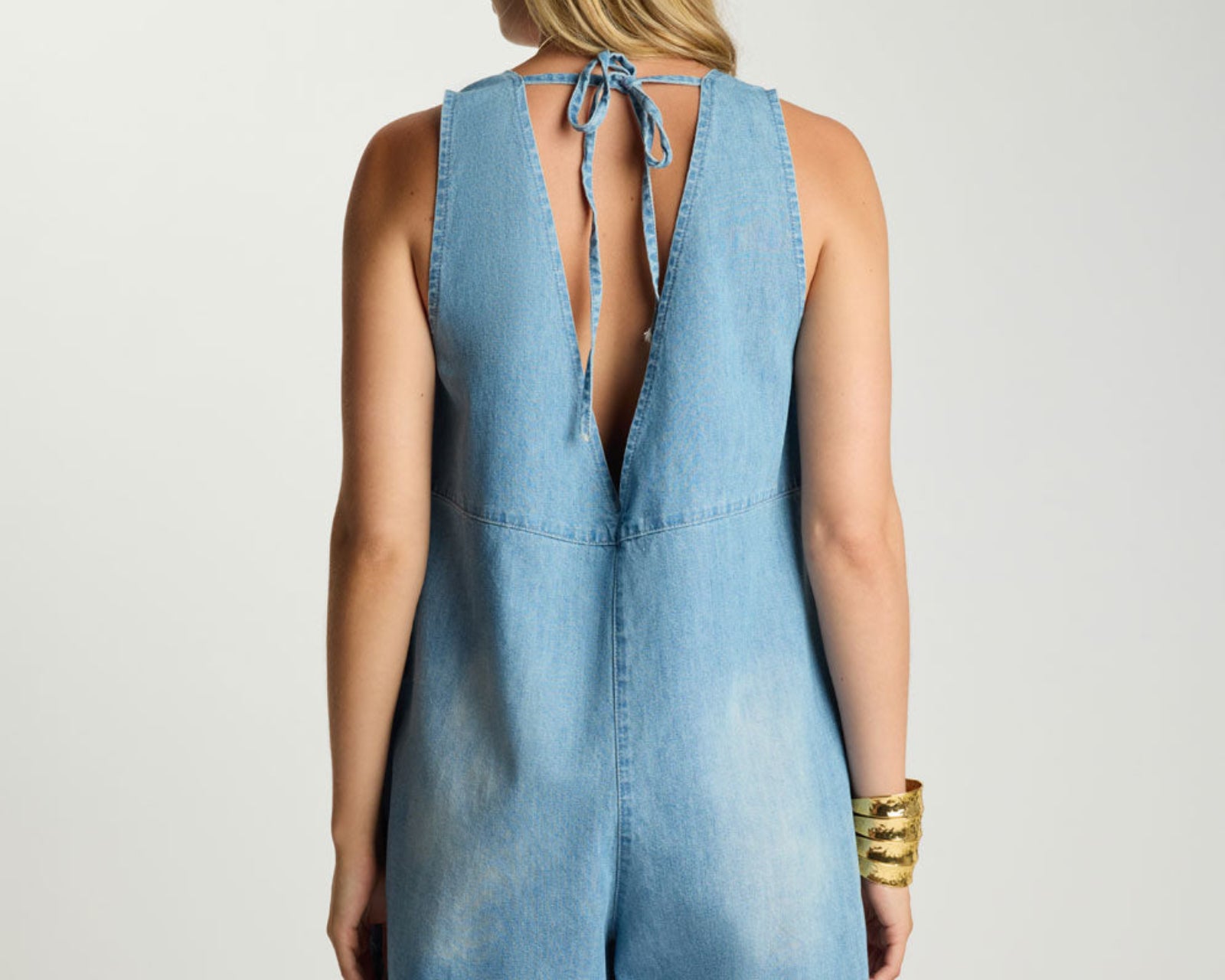 Cascade Sleeveless Mini Denim Playsuit - Chambray Blue