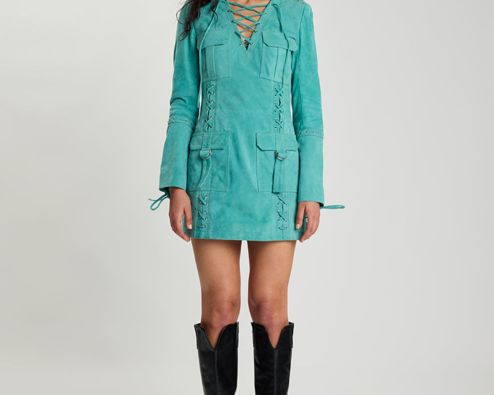 Cross My Heart Suede Longsleeve Laced Mini Dress - Mint Green