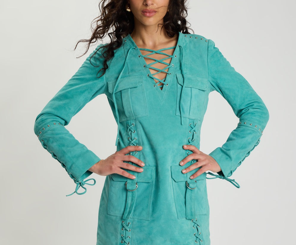 Cross My Heart Suede Longsleeve Laced Mini Dress - Mint Green