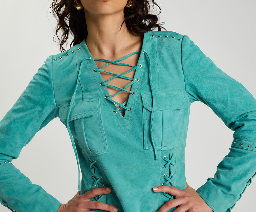 Cross My Heart Suede Longsleeve Laced Mini Dress - Mint Green