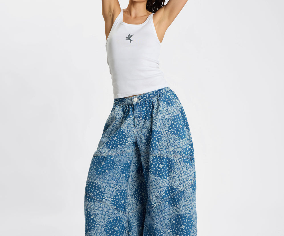 Daddios Low Waist Super Wide Leg Denim Jeans - Aegean Paisley Blue