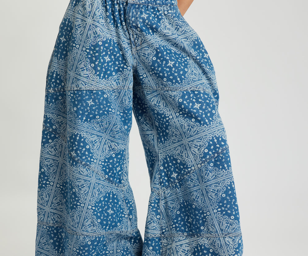 Daddios Low Waist Super Wide Leg Denim Jeans - Aegean Paisley Blue