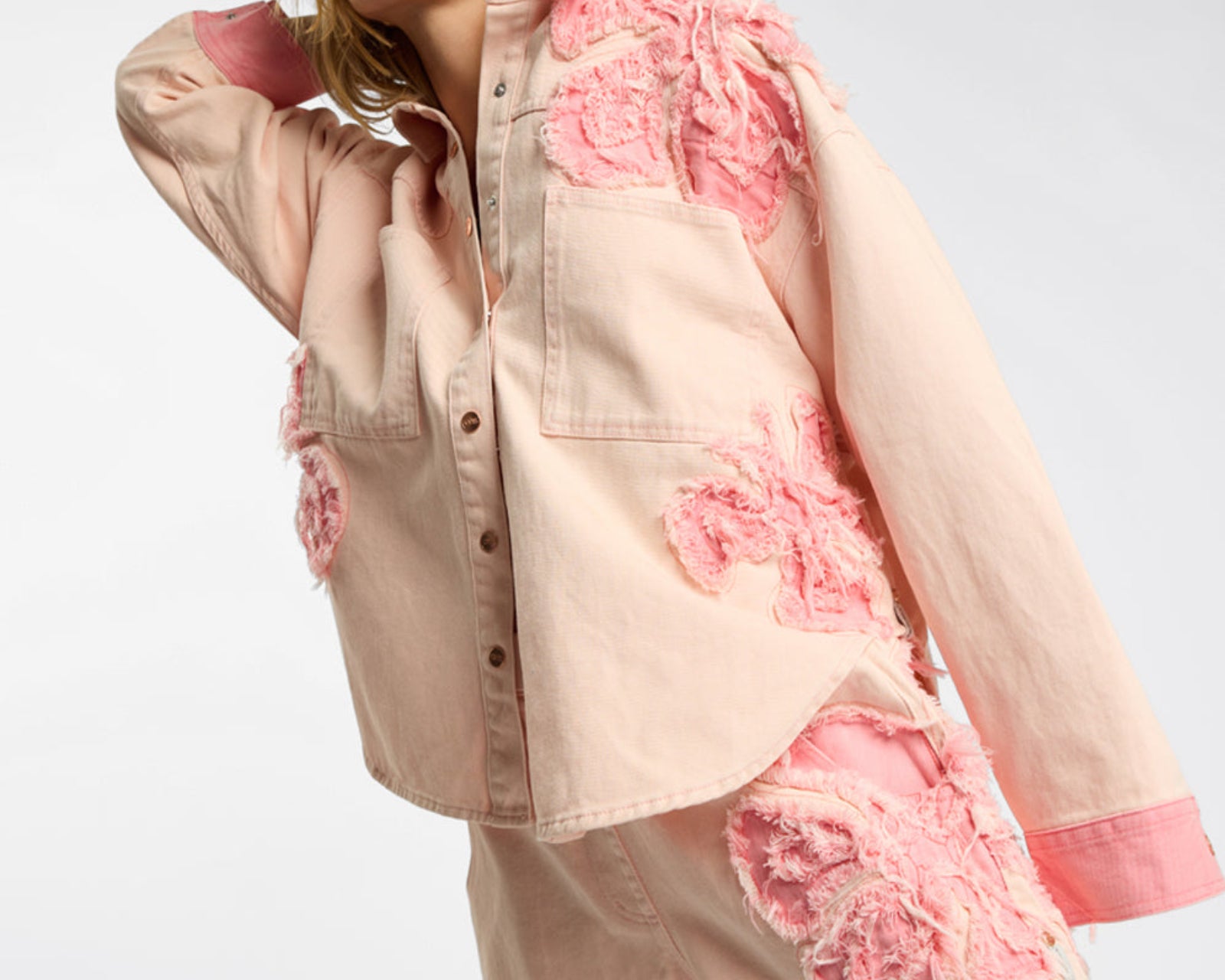 Frayed Daria Denim Shacket - Pink Petal