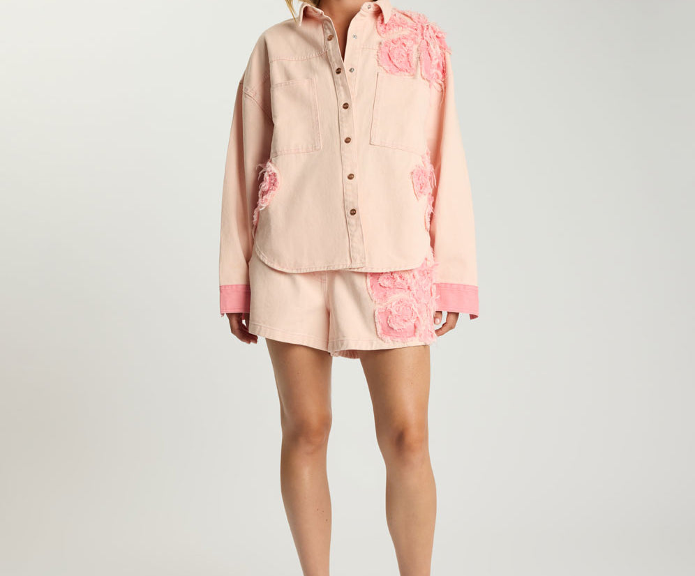 Frayed Daria Denim Shacket - Pink Petal