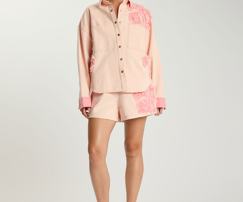 Frayed Daria Denim Shacket - Pink Petal