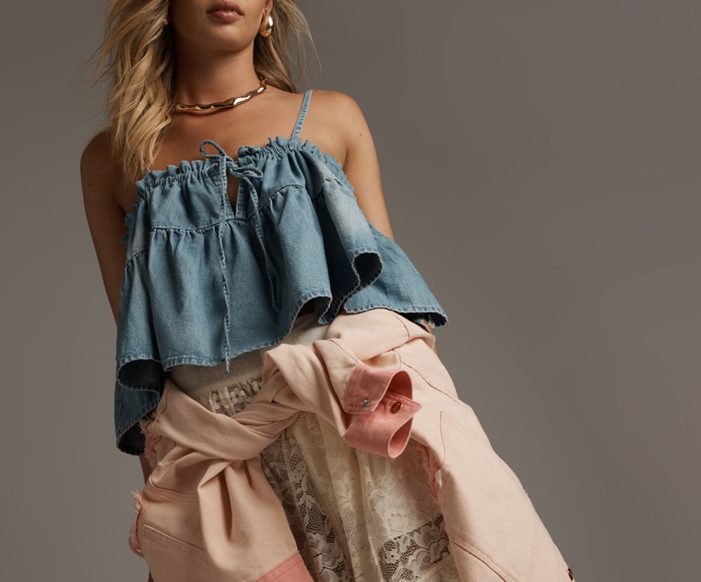 Cascade Ruffle Cami Denim Top - Chambray Blue