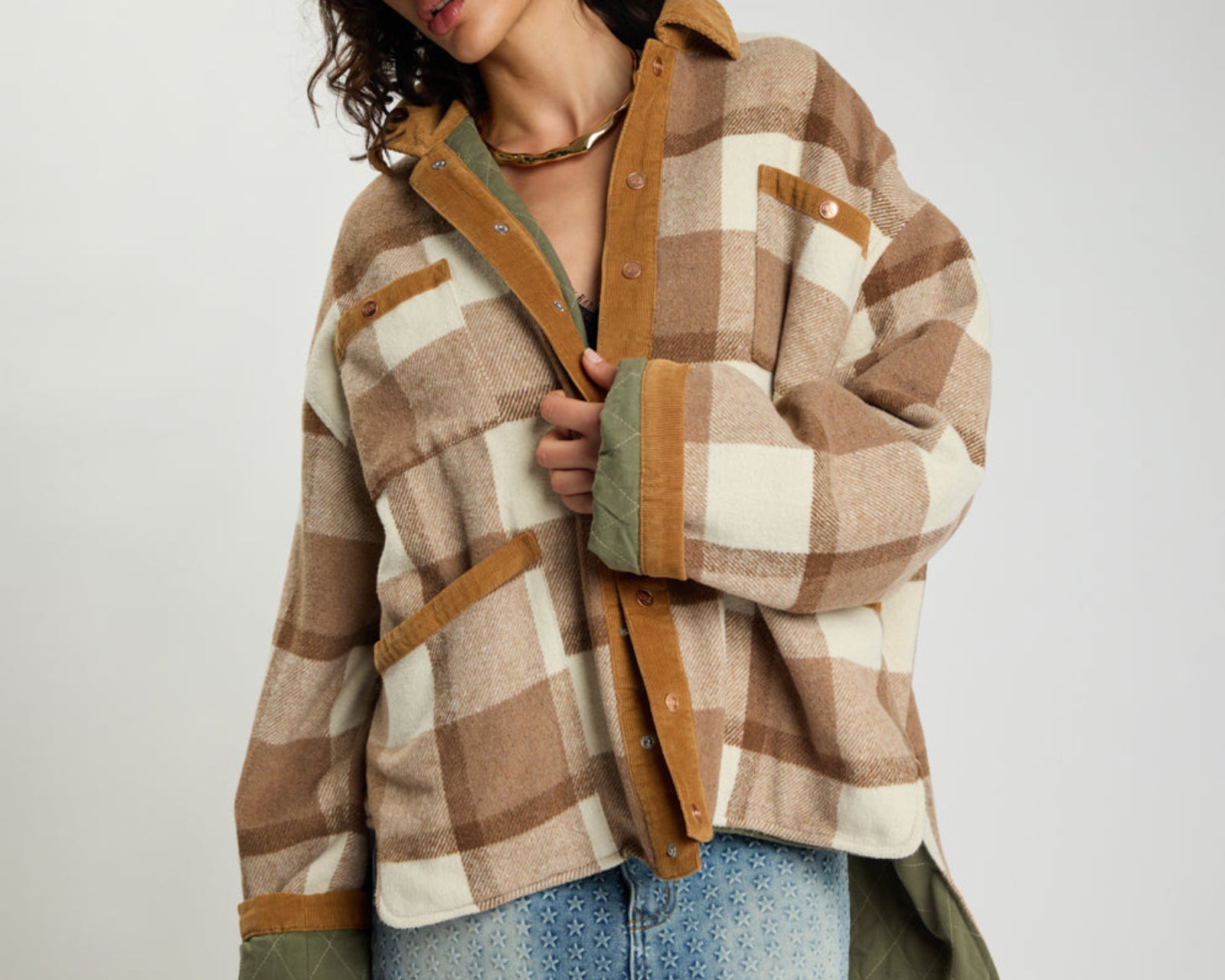 Vintage Padded Oversized Fleece Jacket - Tan Check