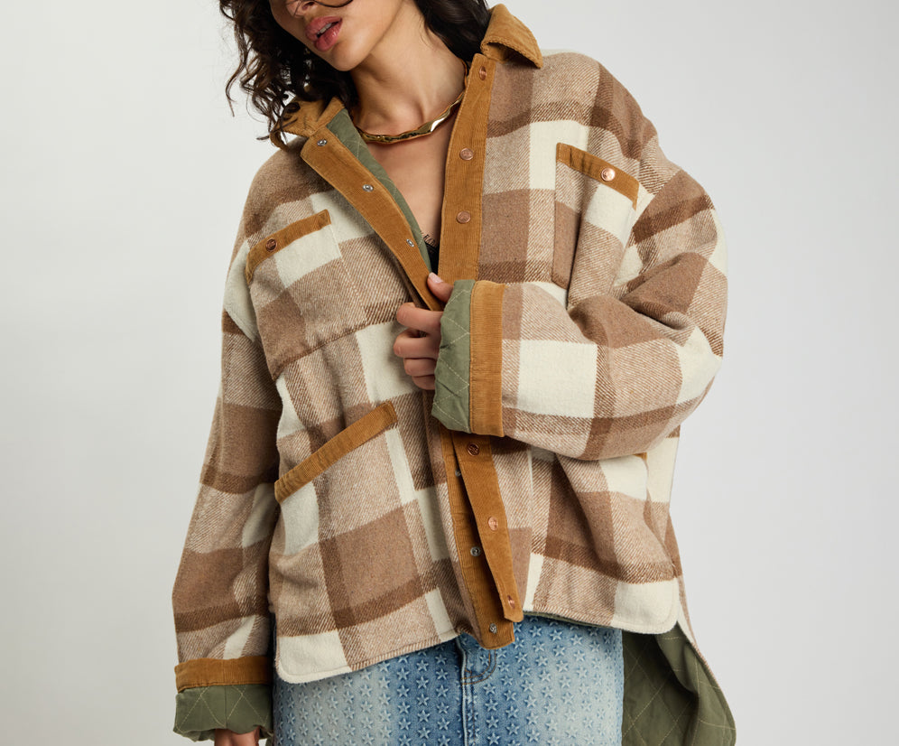 Vintage Padded Oversized Fleece Jacket - Tan Check