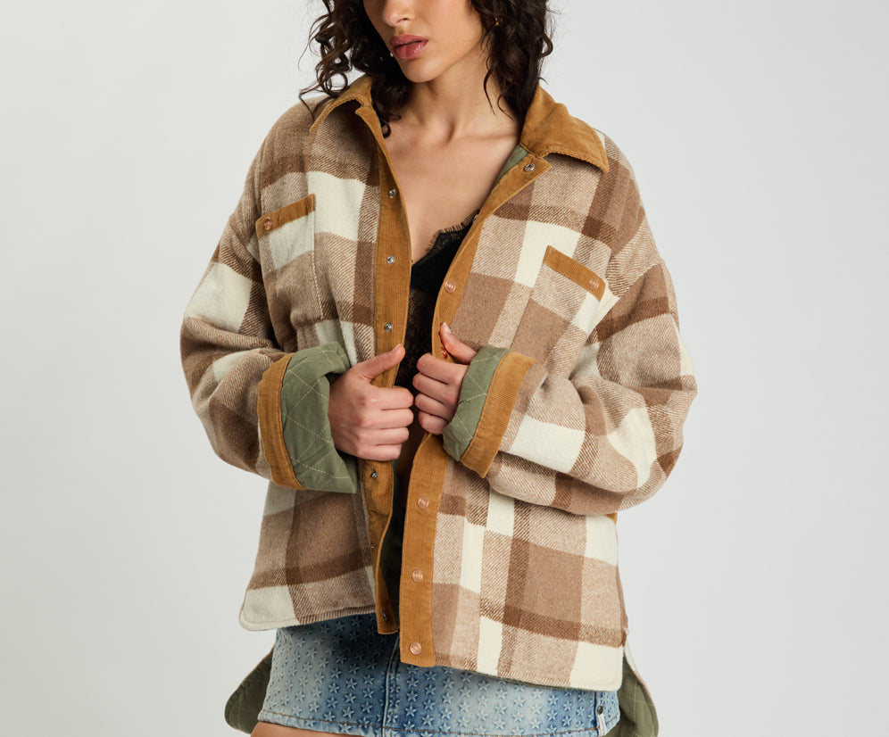 Vintage Padded Oversized Fleece Jacket - Tan Check