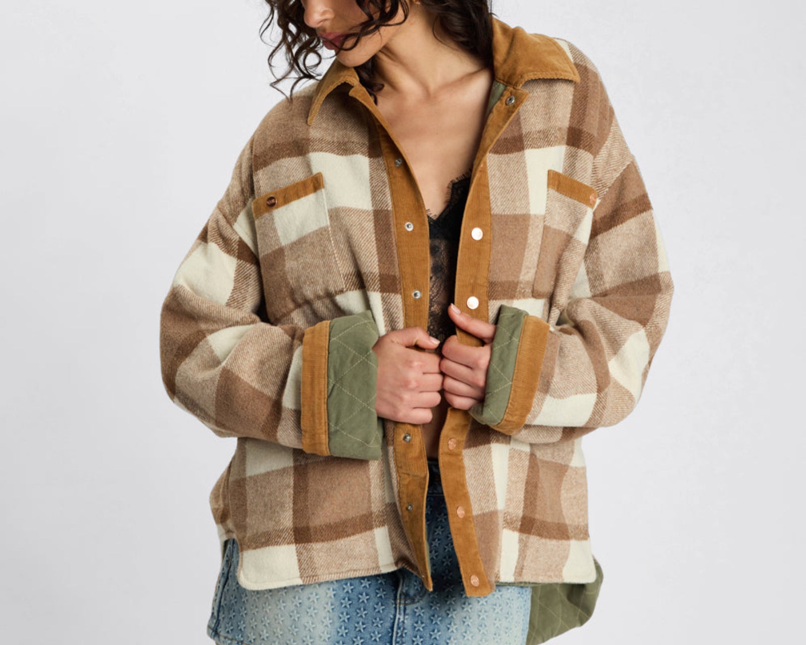 Vintage Padded Oversized Fleece Jacket - Tan Check