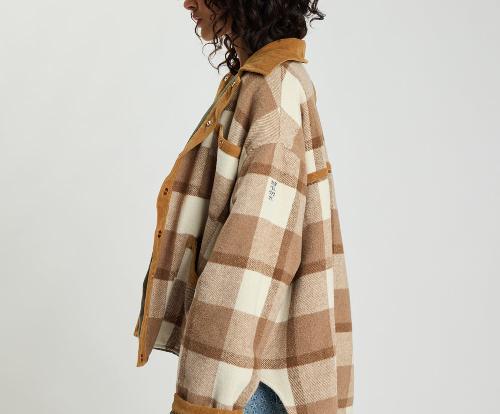 Vintage Padded Oversized Fleece Jacket - Tan Check