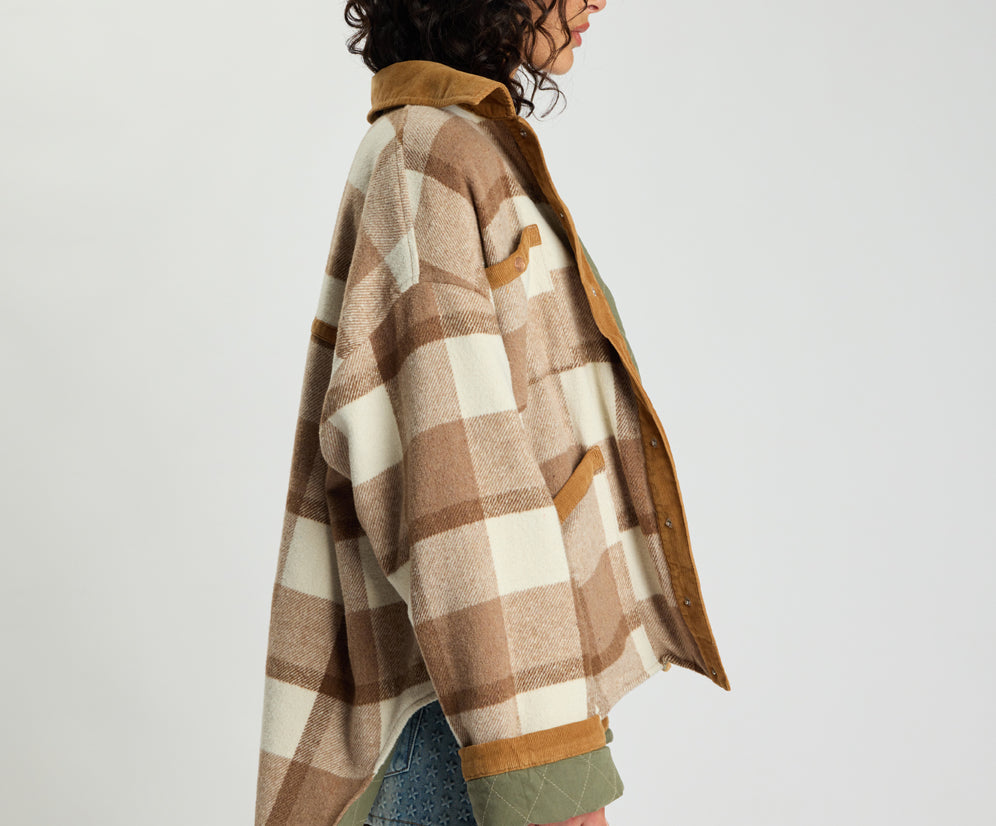 Vintage Padded Oversized Fleece Jacket - Tan Check