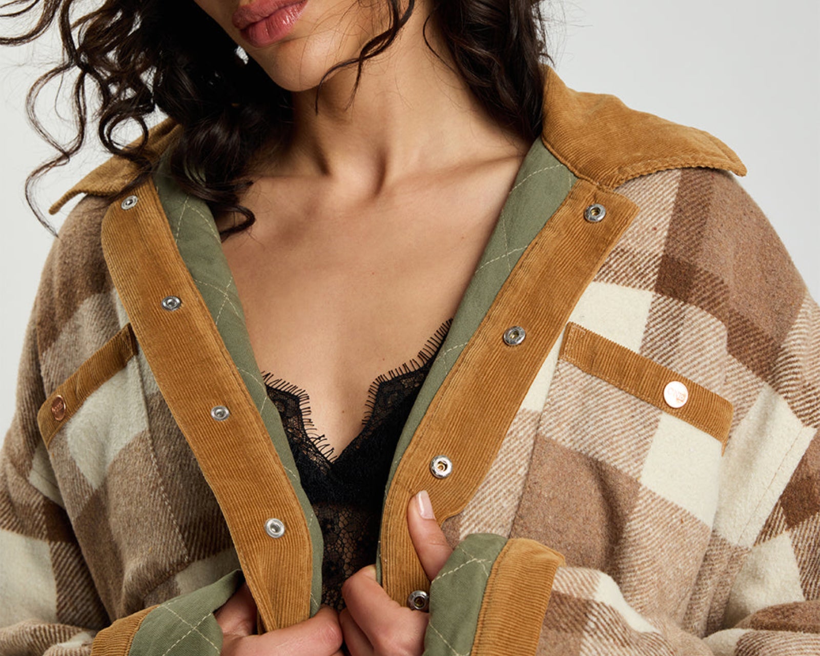 Vintage Padded Oversized Fleece Jacket - Tan Check