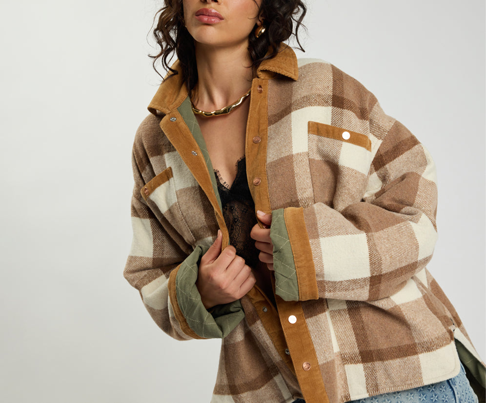Vintage Padded Oversized Fleece Jacket - Tan Check