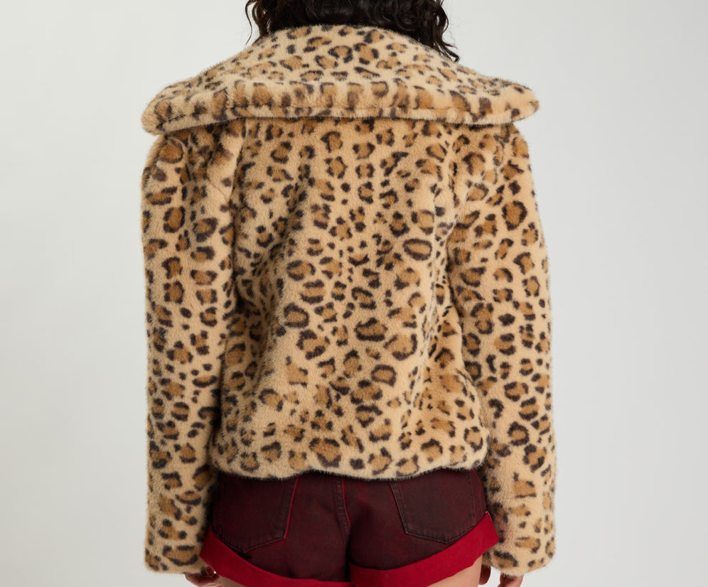Catwalk Cropped Faux Fur Jacket - Leopard Print