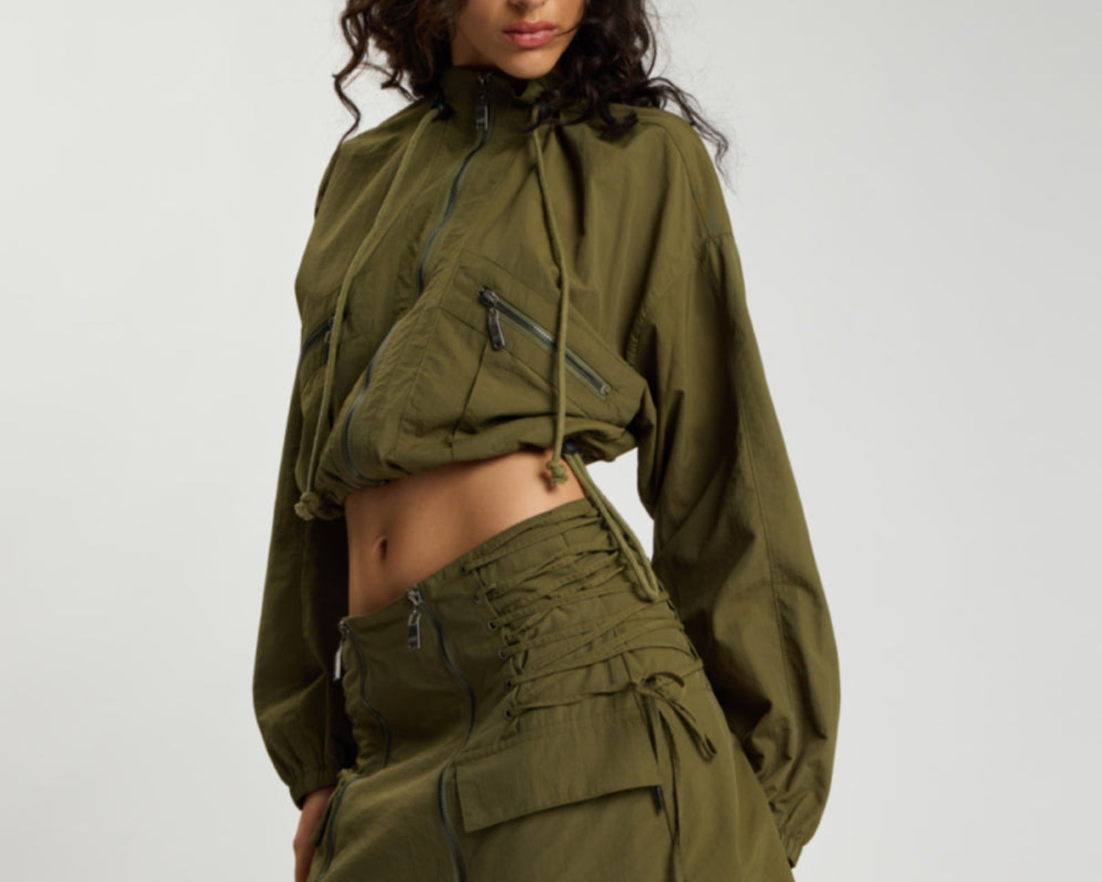 Drift Cropped Bubble Hem Jacket - Khaki
