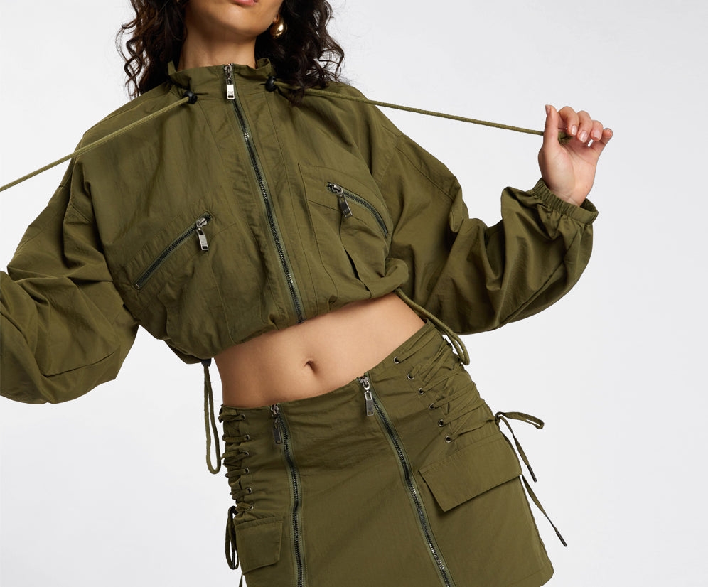 Drift Cropped Bubble Hem Jacket - Khaki