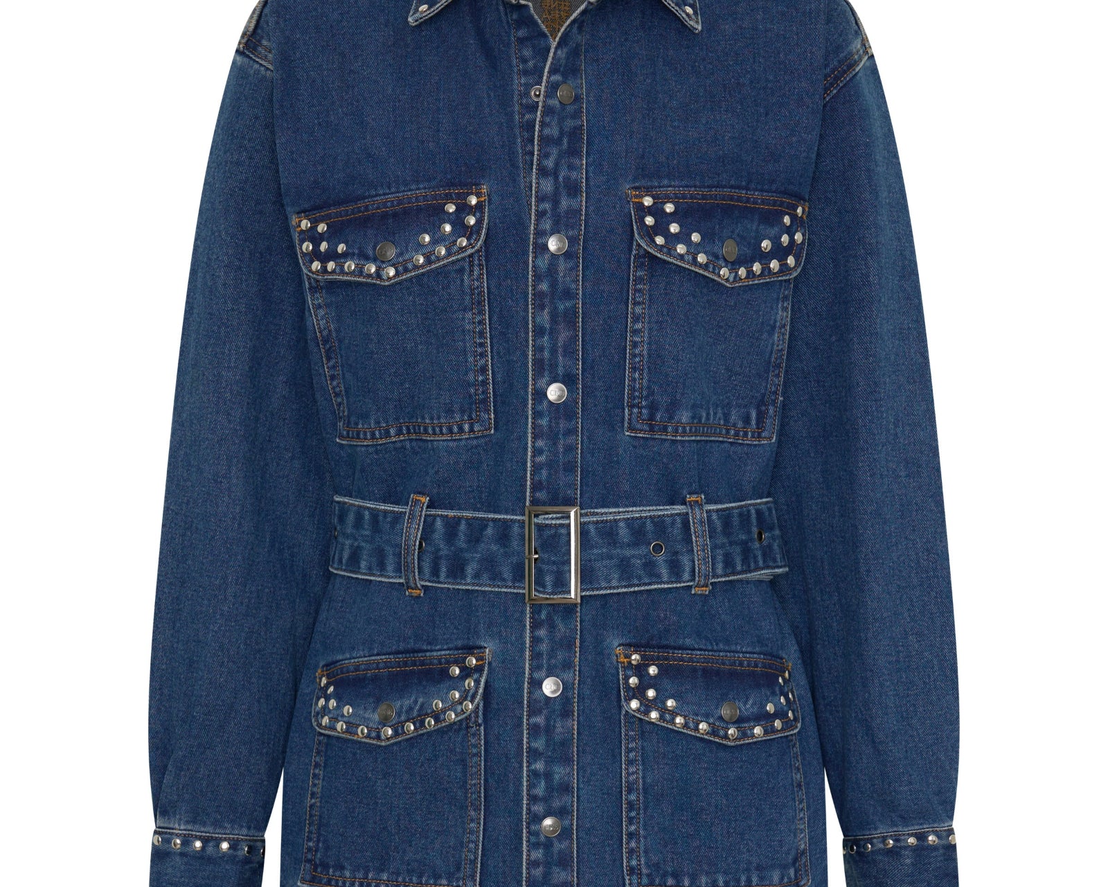 Chrome Edge Studded Belted Denim Jacket - Eclipse Blue