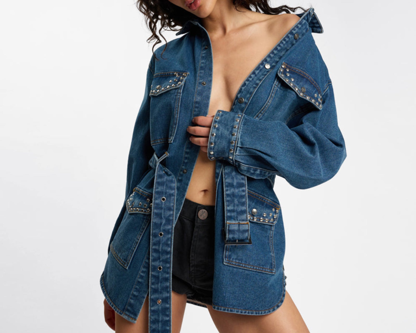 Chrome Edge Studded Belted Denim Jacket - Eclipse Blue