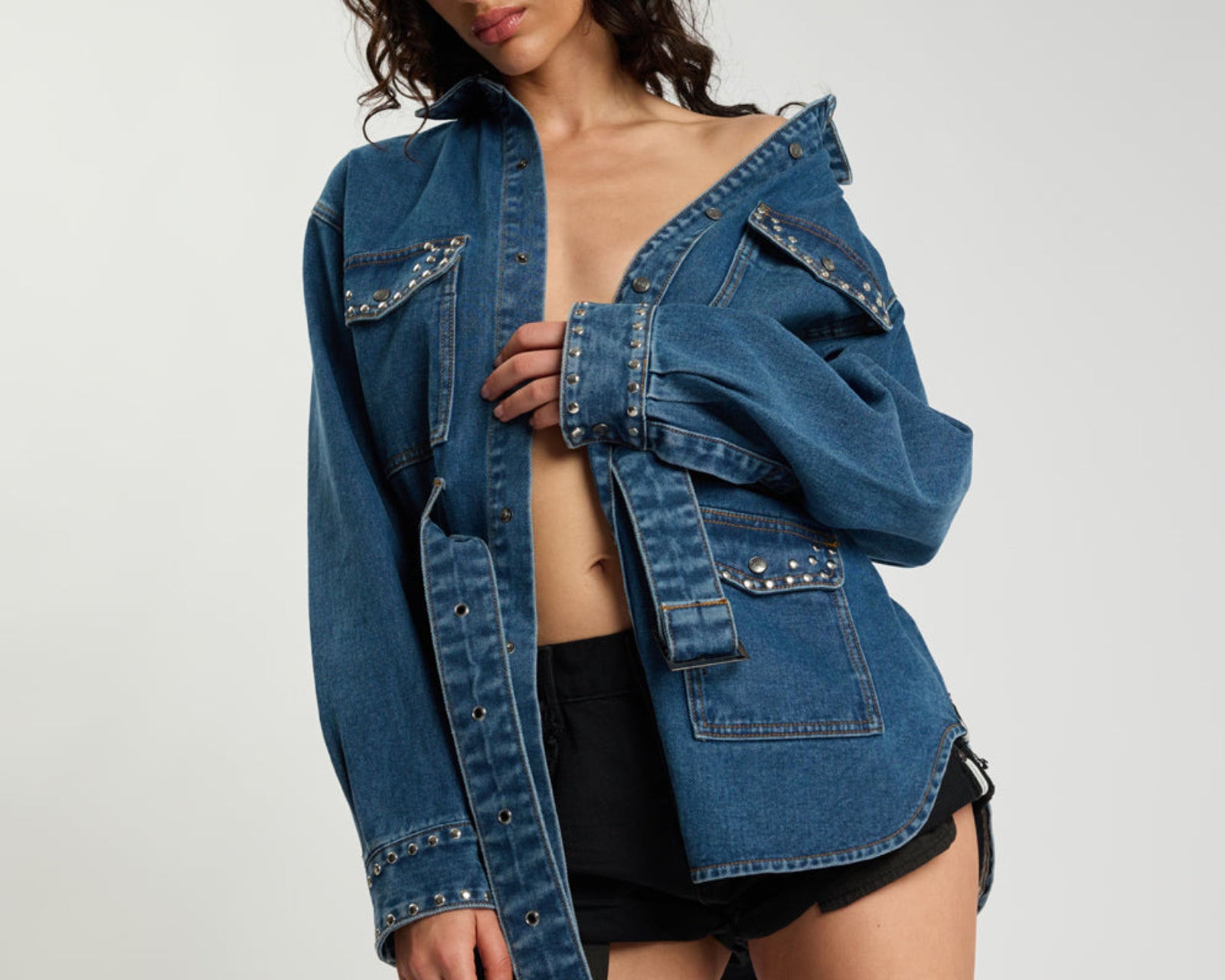 Chrome Edge Studded Belted Denim Jacket - Eclipse Blue