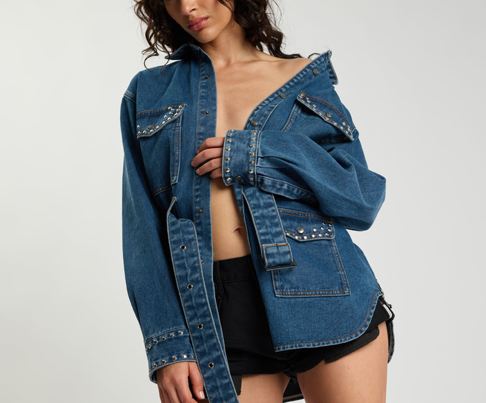 Chrome Edge Studded Belted Denim Jacket - Eclipse Blue