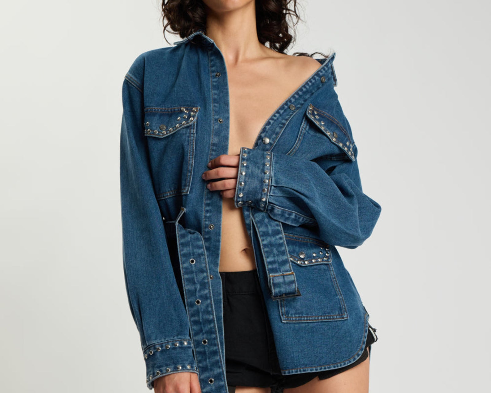 Chrome Edge Studded Belted Denim Jacket - Eclipse Blue