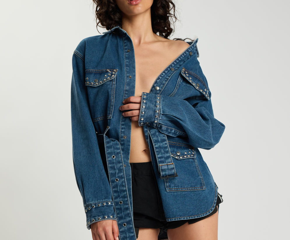 Chrome Edge Studded Belted Denim Jacket - Eclipse Blue