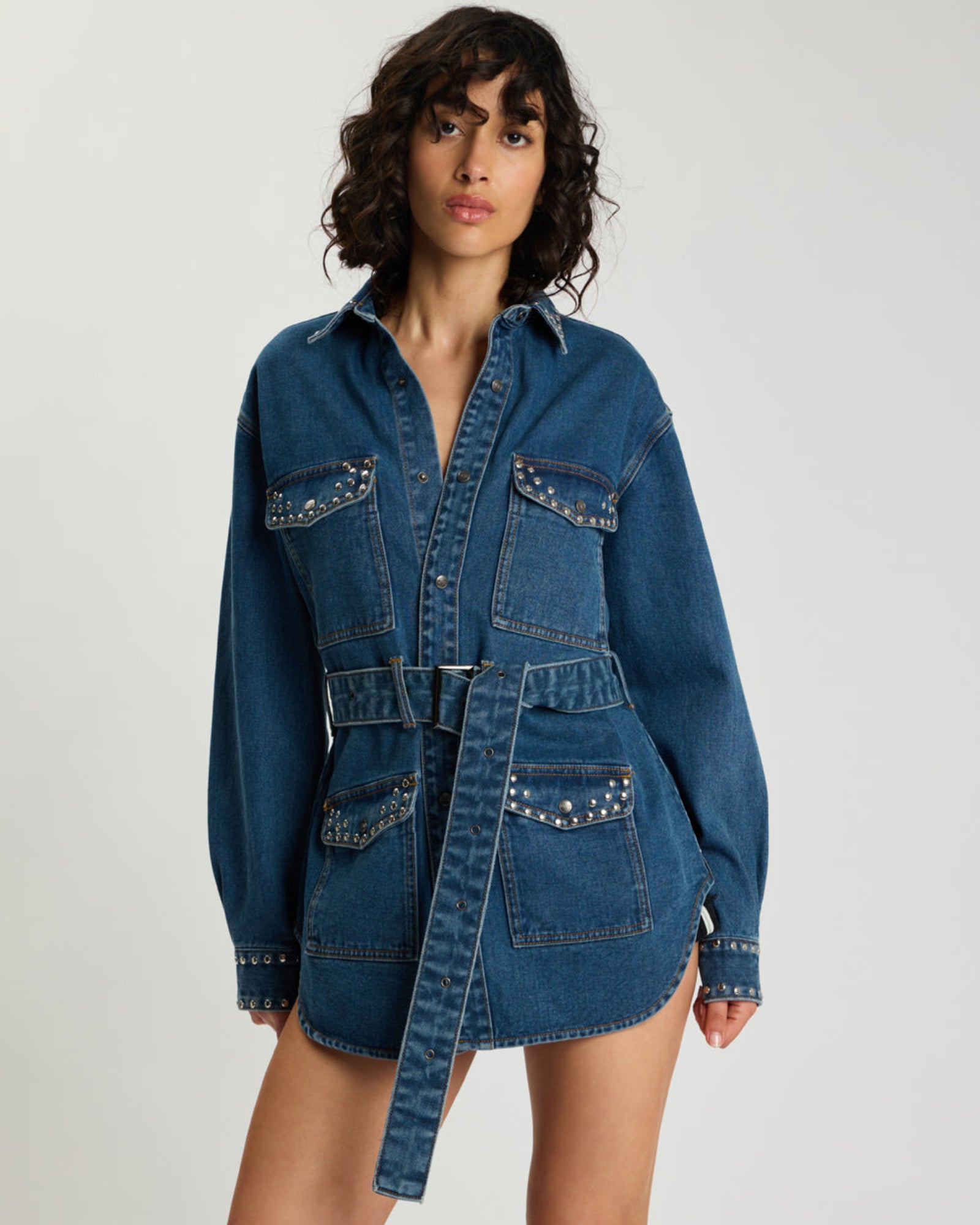 Chrome Edge Studded Belted Denim Jacket - Eclipse Blue | One Teaspoon