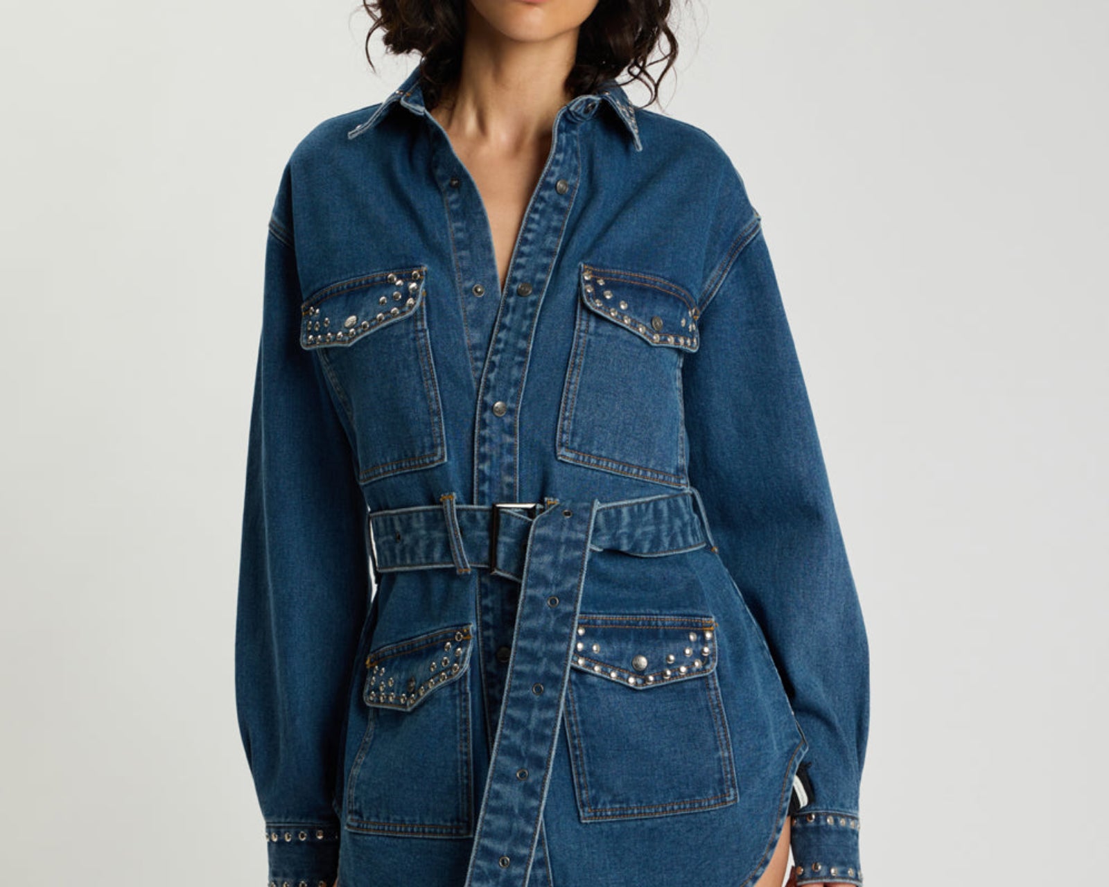 Chrome Edge Studded Belted Denim Jacket - Eclipse Blue