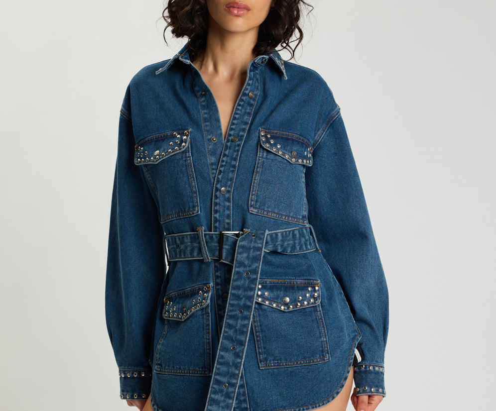 Chrome Edge Studded Belted Denim Jacket - Eclipse Blue
