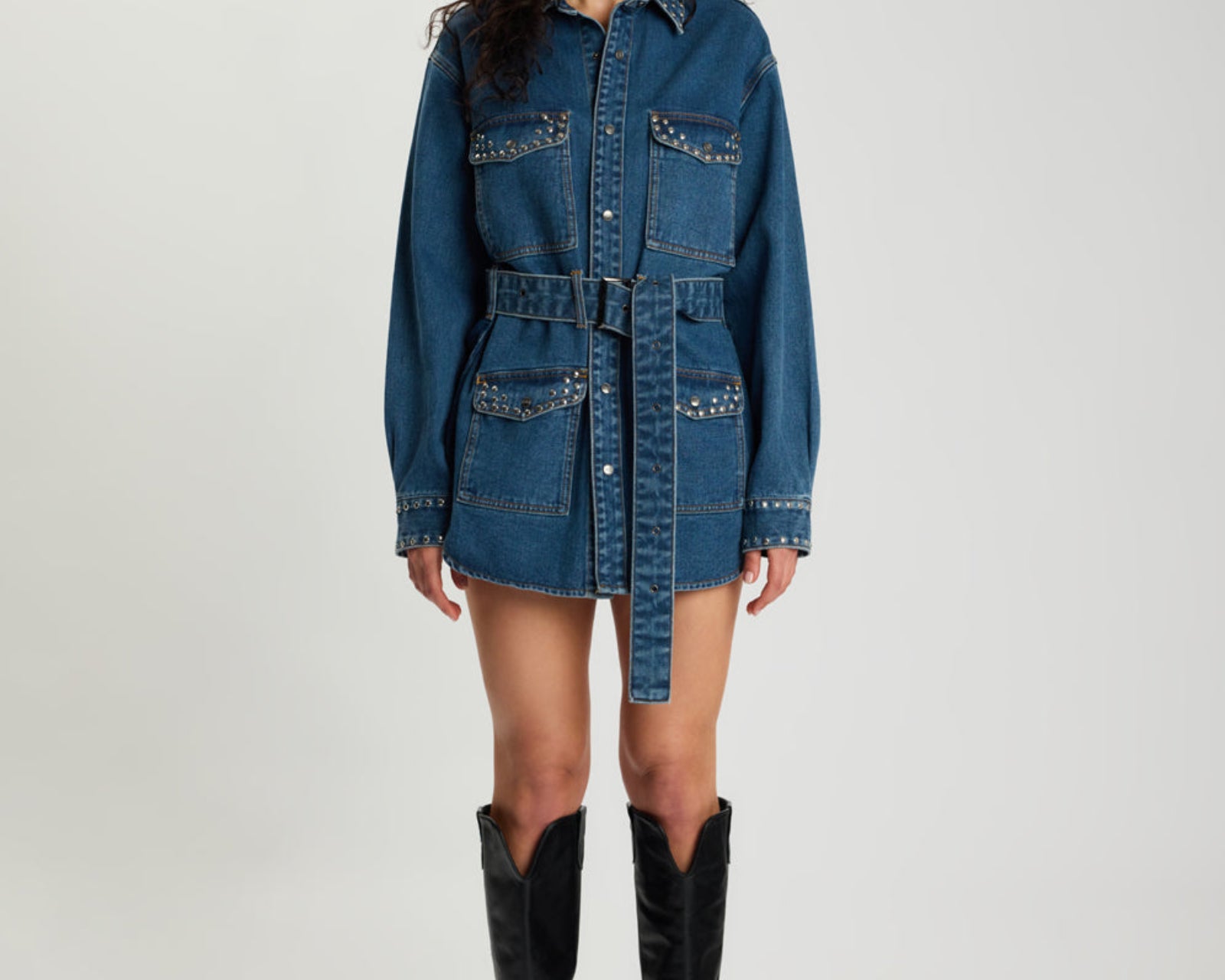 Chrome Edge Studded Belted Denim Jacket - Eclipse Blue