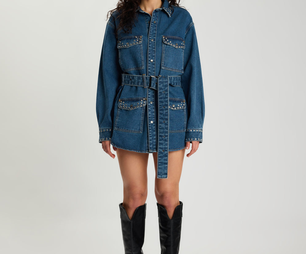 Chrome Edge Studded Belted Denim Jacket - Eclipse Blue