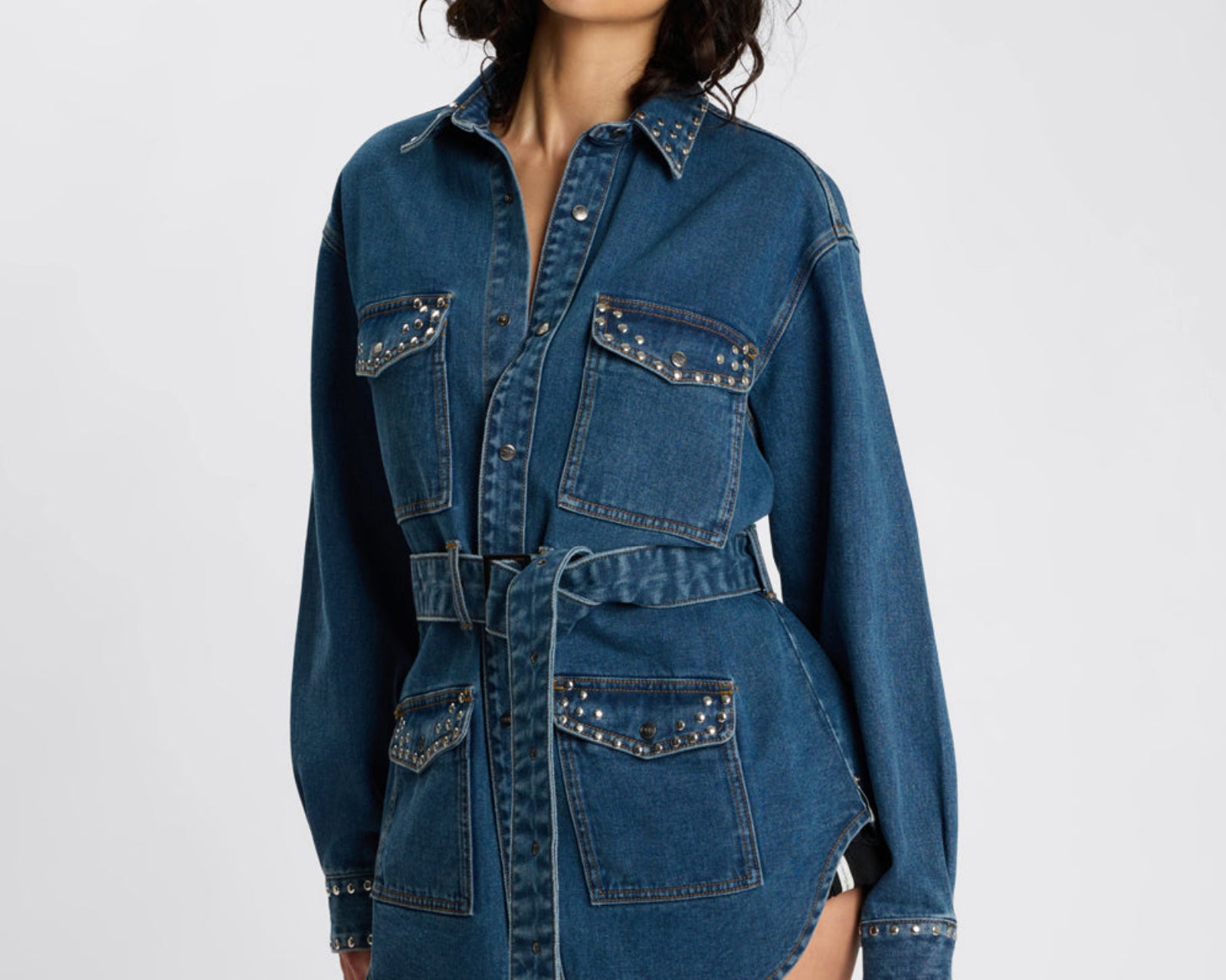 Chrome Edge Studded Belted Denim Jacket - Eclipse Blue