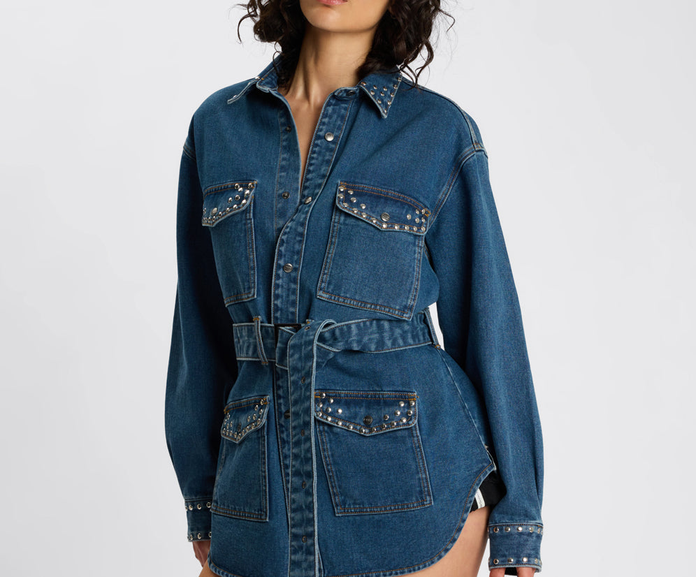 Chrome Edge Studded Belted Denim Jacket - Eclipse Blue