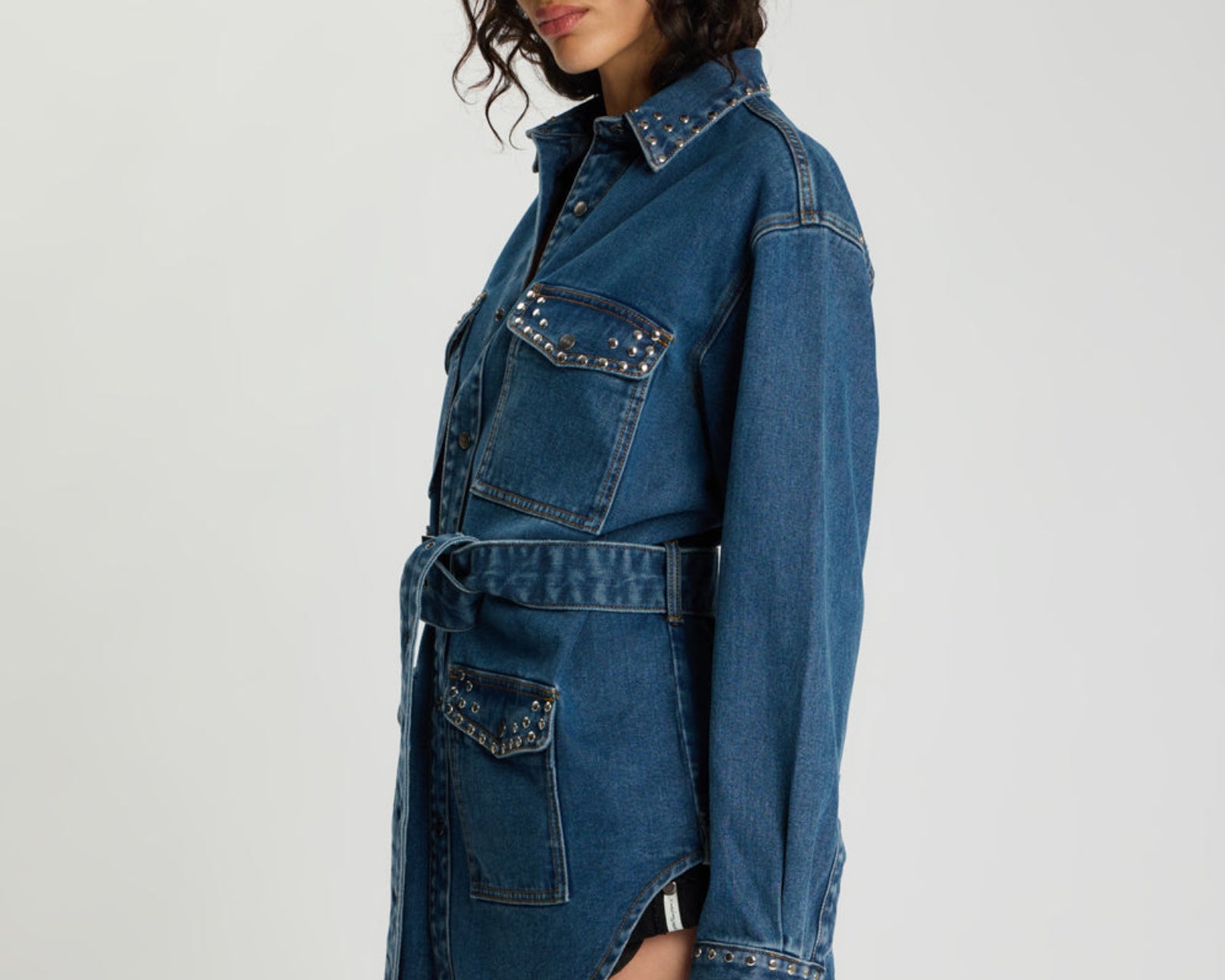 Chrome Edge Studded Belted Denim Jacket - Eclipse Blue