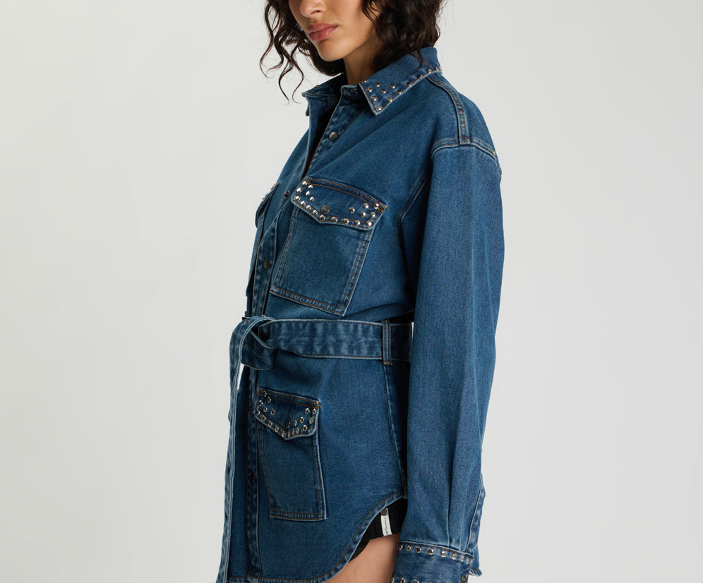 Chrome Edge Studded Belted Denim Jacket - Eclipse Blue