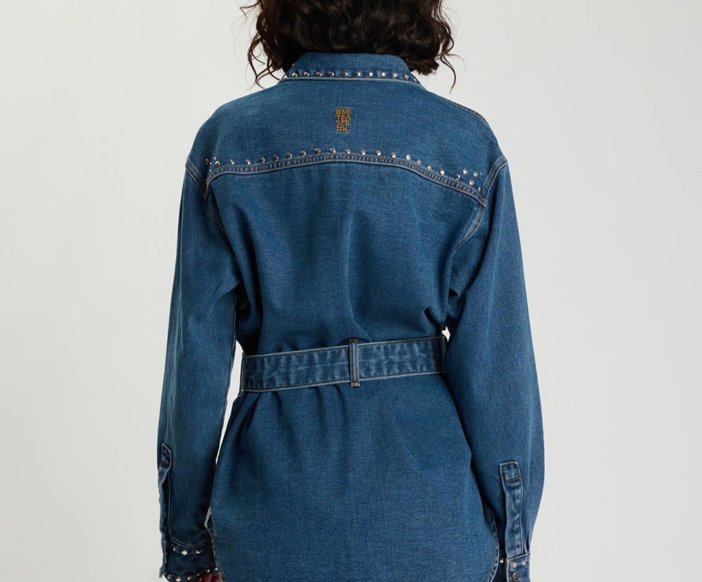 Chrome Edge Studded Belted Denim Jacket - Eclipse Blue