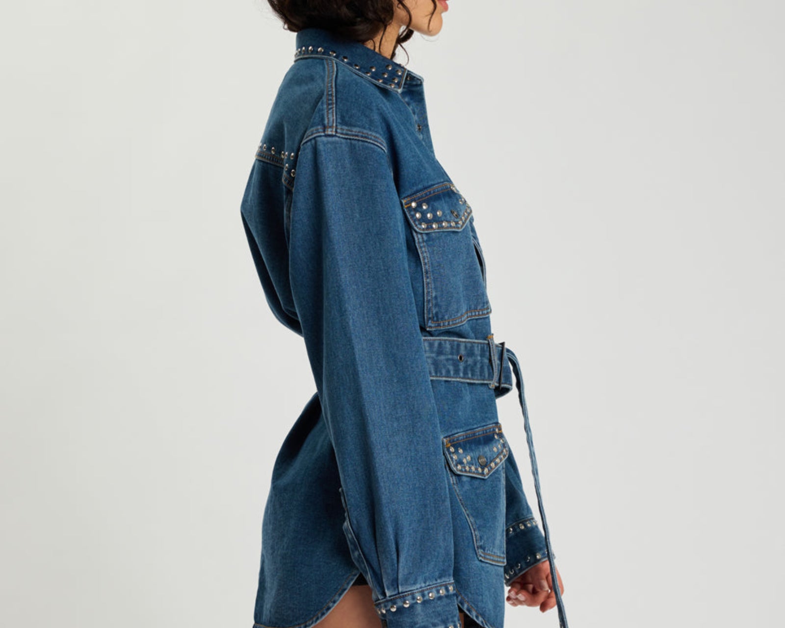 Chrome Edge Studded Belted Denim Jacket - Eclipse Blue