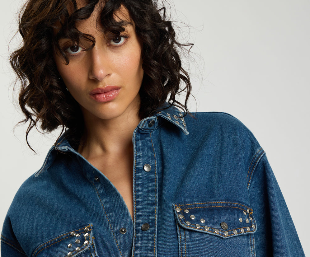 Chrome Edge Studded Belted Denim Jacket - Eclipse Blue