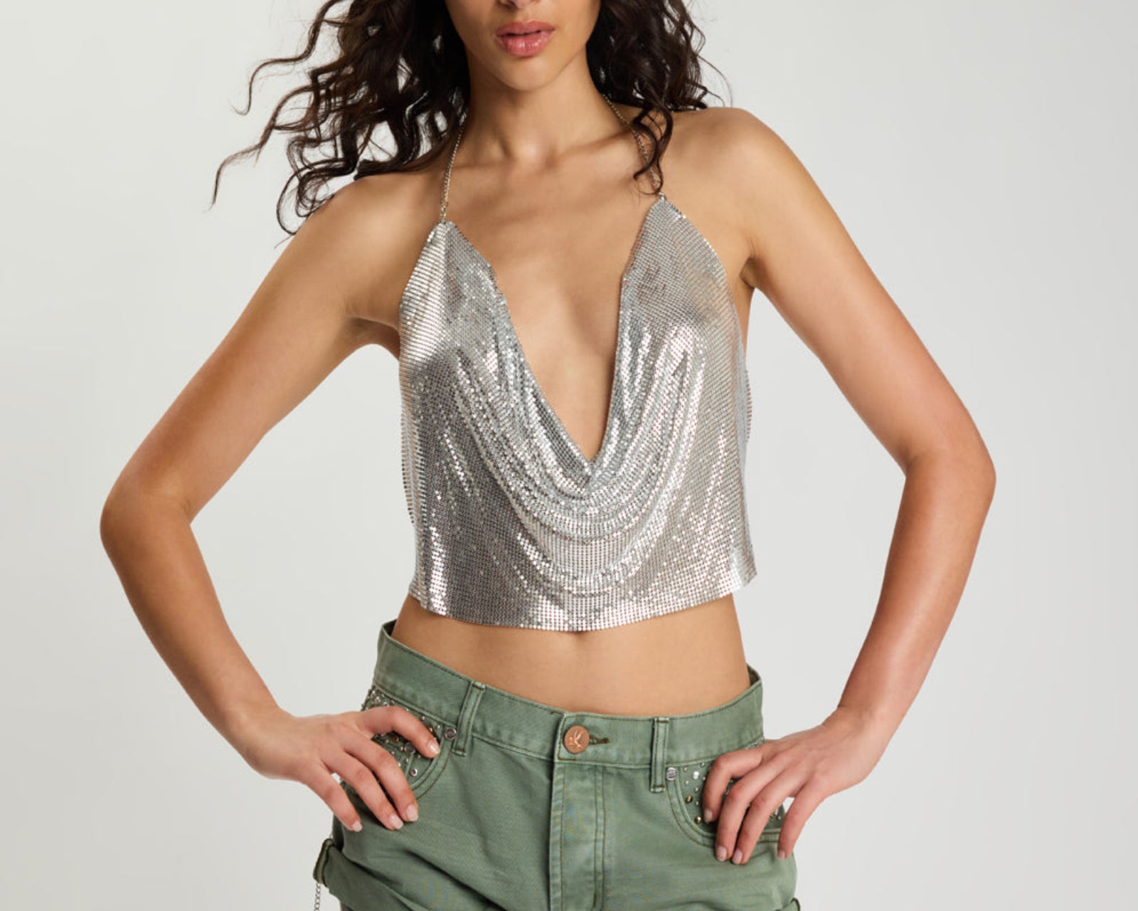 Supernova Chainmail Mesh Cowl-Neck Top - Silver