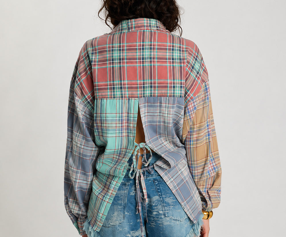 Sunset Madras Check Tie Back Shirt - Coral Teal