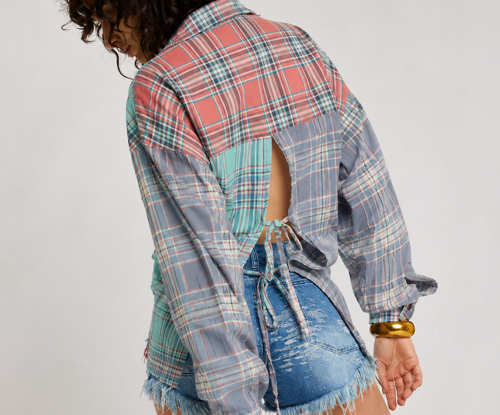Sunset Madras Check Tie Back Shirt - Coral Teal