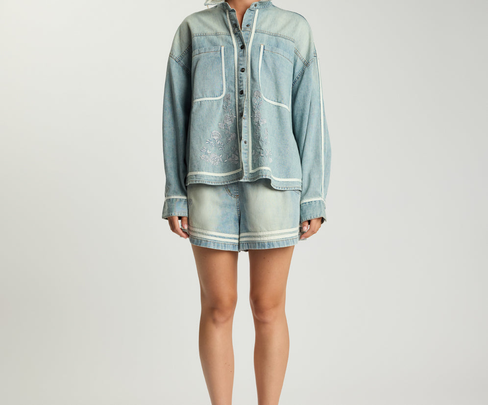 Funks High Waist Elasticated Embroidered Flippy Denim Shorts - Folklore Chambray Blue