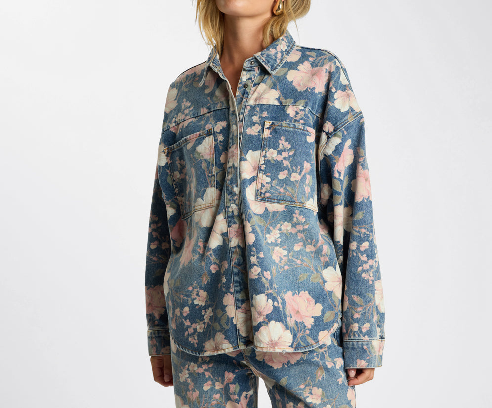 Lovelorn Daria Denim Shacket - Floral Bloom Cobaine Blue