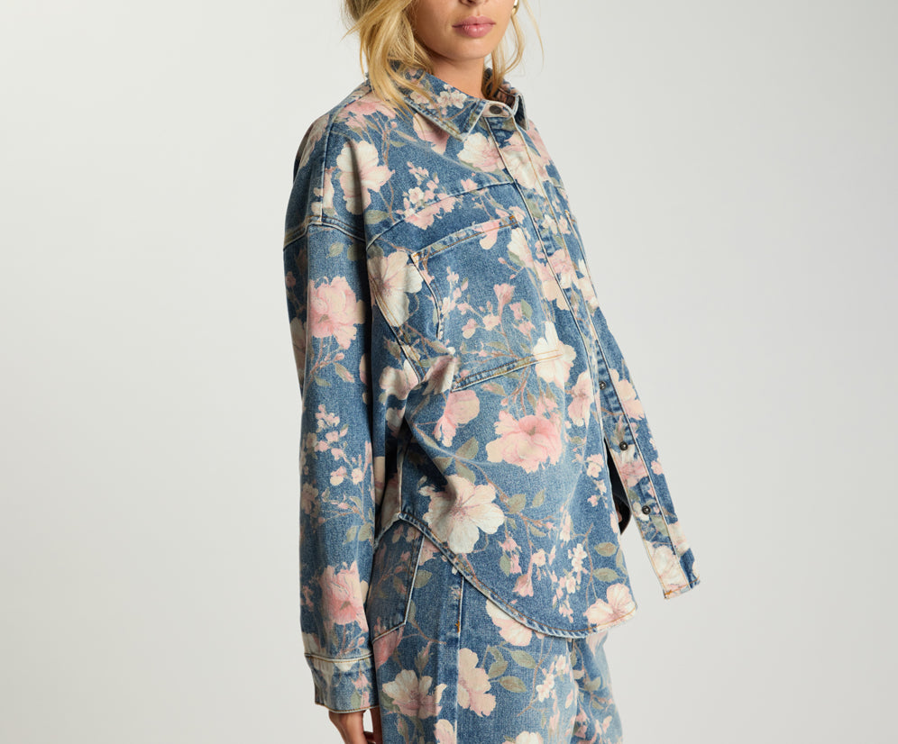 Lovelorn Daria Denim Shacket - Floral Bloom Cobaine Blue