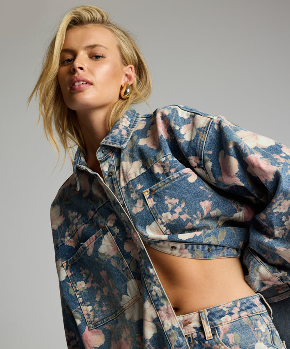 Lovelorn Daria Denim Shacket - Floral Bloom Cobaine Blue