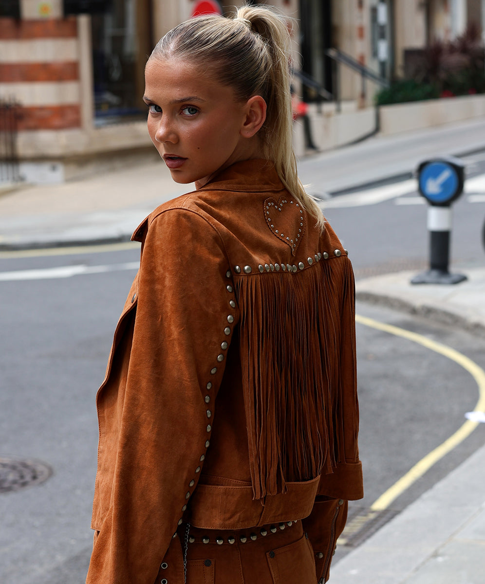 Whiskey Fringed Studded Suede Jacket - Brown